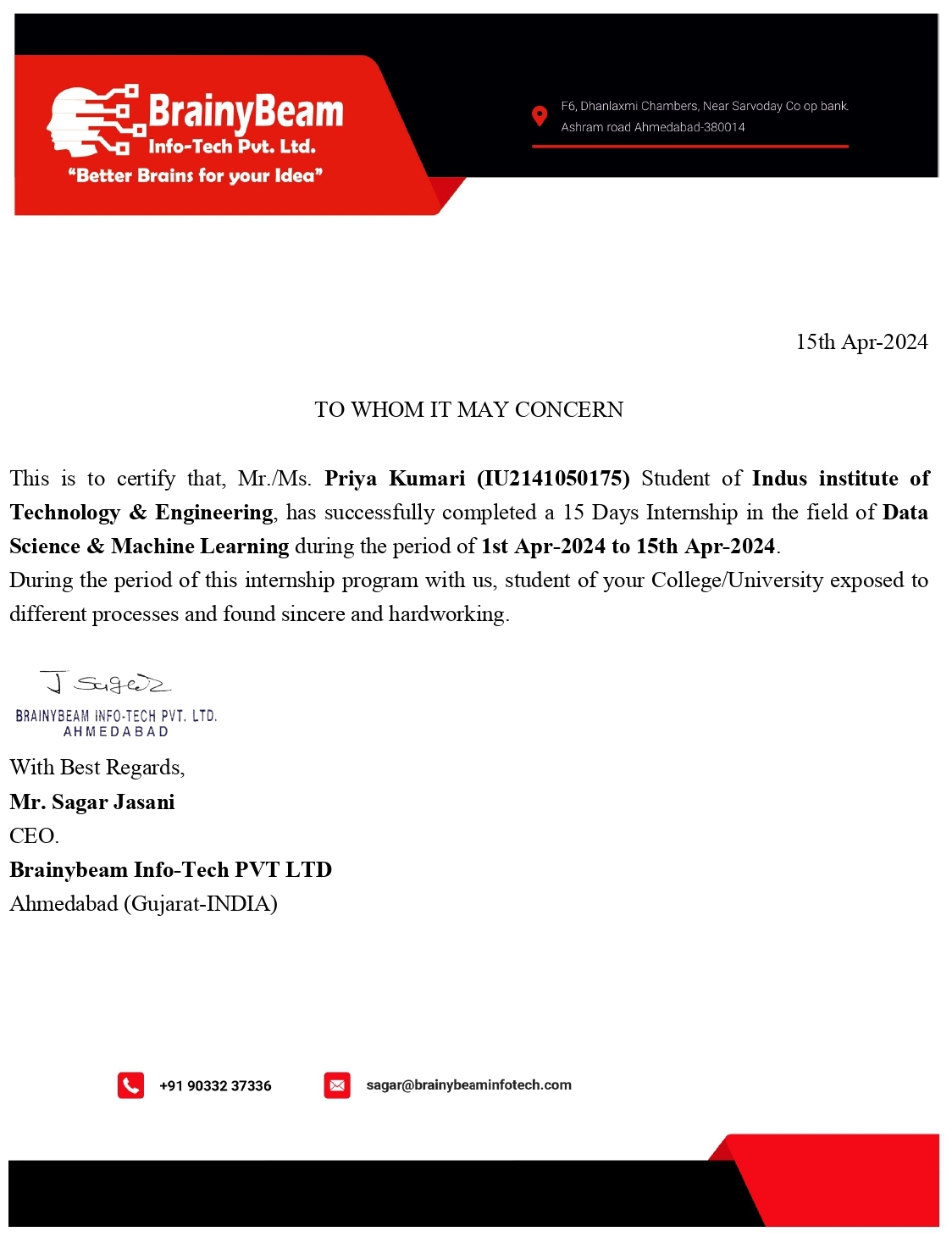 Data Science Internship Certificate