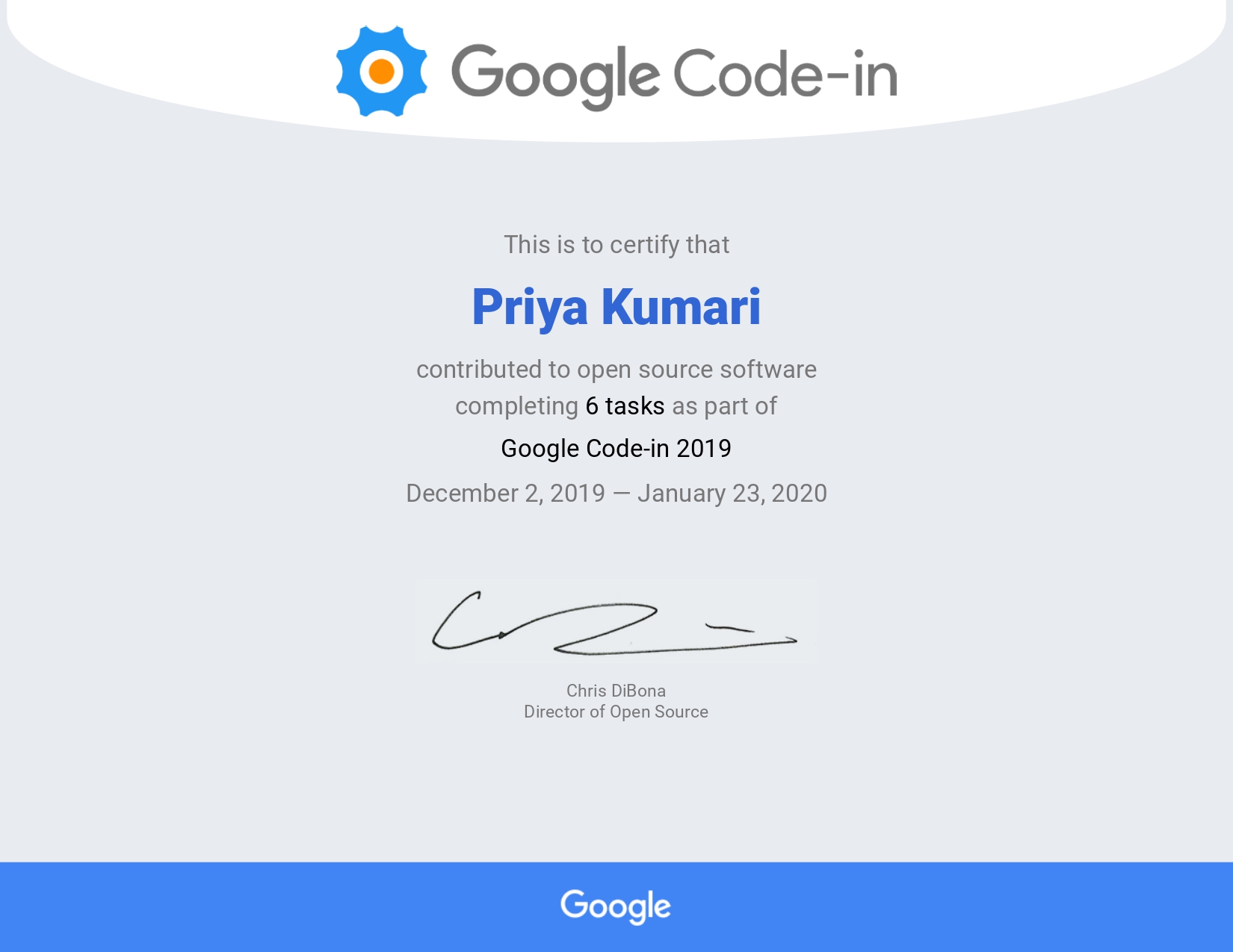 Google Code-in Certificate